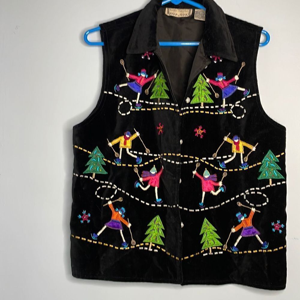 Life Style Embroidered Christmas Vest Black Velvet with Ice Skates Christmas Tee